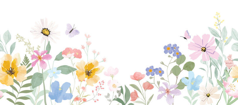 Spring and summer Background watercolor arrangements with small flower. Botanical illustration minimal style.
