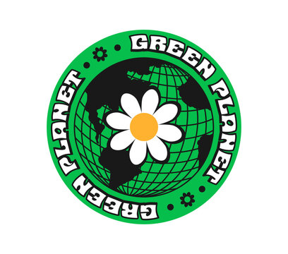 Planet green globe Y2K groovy sticker or tag. Planet Y2K vector terrestrial sphere sticker, Earth wireframe globe tag. Mesh sphere label with globe black mesh, typography and chamomile flower