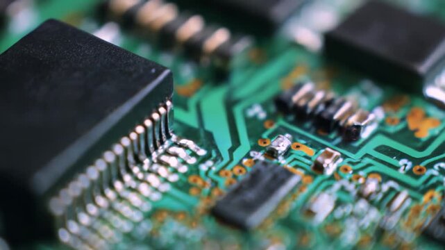 Circuit board displaying various microchips, resistors, and tiny electrical connections, emphasizing the intricate design of integrated technology and modern hardware components