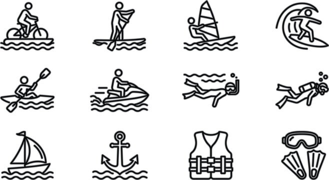 Water Sports Outline Icons Set Featuring Surfing Kayaking Diving Sailing Windsurfing and Marine Adventure Symbols for Outdoor Recreation Vector Illustration Collection
