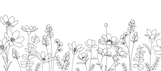 Spring and summer flower pattern seamless background vector. Hand drawn botanical floral line art, daisy, wildflower, eucalyptus leaves. Design for wallpaper, banner, print, website. © babeer