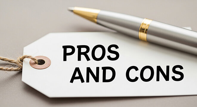 White price tag with pros and cons text next to a metallic pen on a flat surface