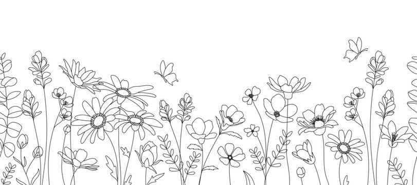 Spring and summer flower pattern seamless background vector. Hand drawn botanical floral line art, daisy, wildflower, eucalyptus leaves. Design for wallpaper, banner, print, website.