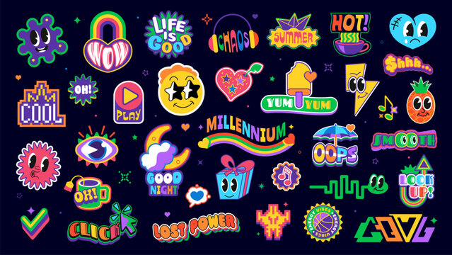 Y2k neon sticker badges with funny characters, trendy words, hearts, stars, gift box, rainbow, headphones, coffee mug, arrows, play button, umbrella, moon and rainbow. Vector groovy funky patches