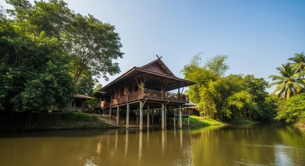 Naklejka premium Picturesque traditional wooden dwelling on stilts situated peacefully beside a tranquil tropical river surrounded by dense green foliage under a clear sky
