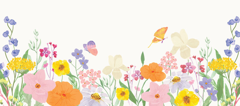 Spring and summer Background watercolor arrangements with small flower. Botanical illustration minimal style.