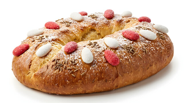 Sweet Mon&eacute;gasque Fougasse bread topped with red and white sugared almonds and anise seeds on a white background