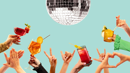 Fototapeta na wymiar Party hands holding colorful cocktails under disco ball on mint background. Concept of happy hour banner, bar menu promo, nightlife flyer and festive social media ad.