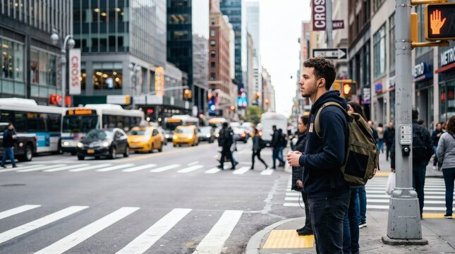 Young Man Waiting at Busy Urban Crosswalk in Downtown Street