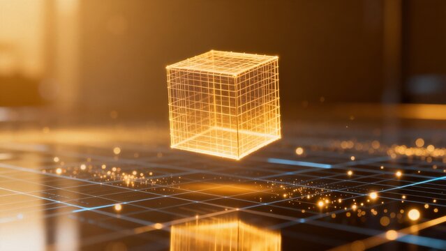 Floating wireframe cube on grid surface