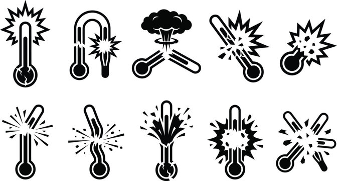 Broken Exploding Thermometer Icon Set Representing Extreme Heat and Fever for Medical Infographics, Climate Change Reports & Health Safety (EPS)