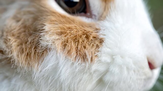 Extreme close-up of a fluffy rabbit's fur showing intricate detail of white and tan markings soft texture