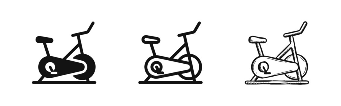 Stationary exercise bike icon set for fitness and gym equipment