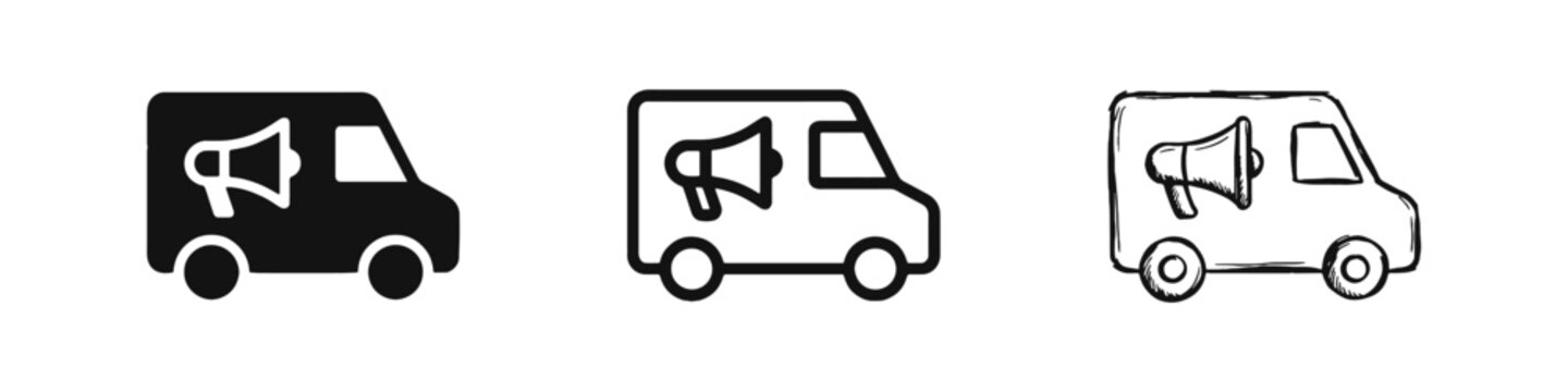 Delivery van with megaphone icon set for mobile marketing and promotion