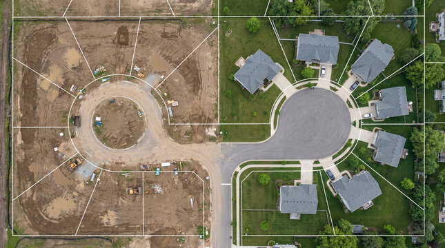 Aerial View of New Residential Community Development Under Construction and Completed