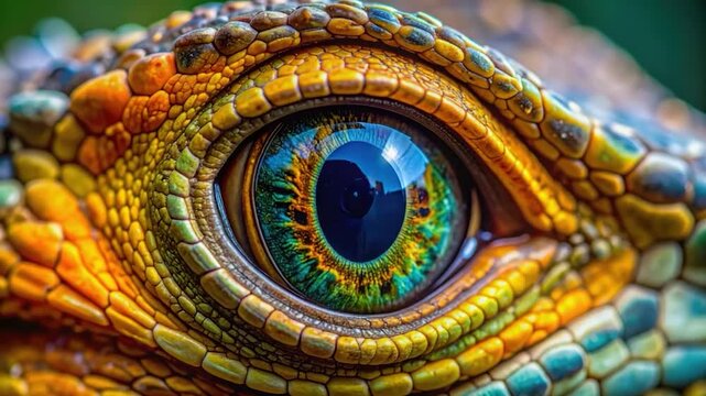 Extreme close-up of a vibrant scaly reptilian eye with a complex iris in intense detail