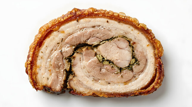 Succulent slice of herb-roasted Porchetta featuring tender meat and crispy golden skin, perfectly isolated on a pure white background