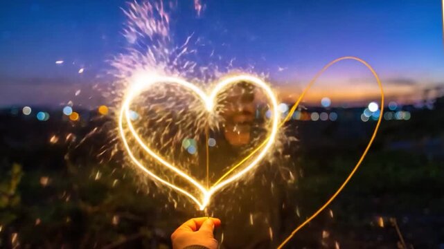 Creating heart shape with sparkler at dusk with bokeh city lights background