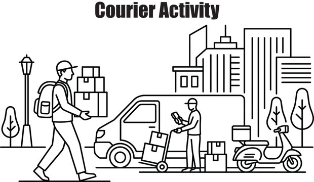 Courier delivering packages in urban city environment with vehicles