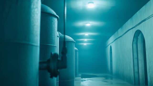Row of large industrial tanks with pipes and valves in a moody, dimly lit underground facility, featuring a concrete wall with archways and shimmering water on the floor