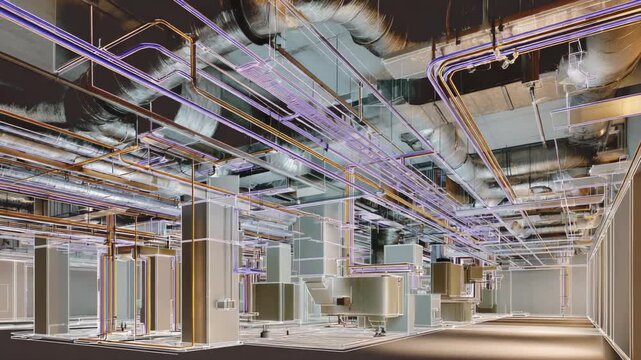 Digital construction modeling showing intricate building systems, including hvac ducting, plumbing, and electrical conduits, for efficient engineering and project management