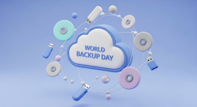 World Backup Day illustration with cloud and data storage devices