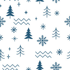 Obraz premium Minimalist Blue and White Holiday Background with Pine Tree Silhouettes