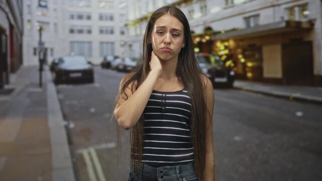 Teen girl touching neck and pouting on a city street with parked cars and lit storefronts, long hair and striped tank top; discomfort isolation.