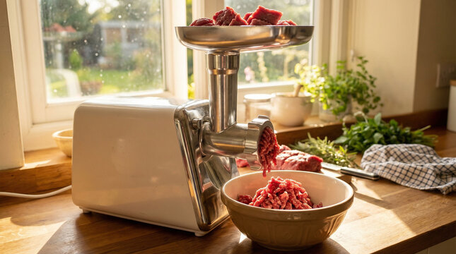 White Electric Meat Grinder on Countertop by Window Grinding Meat