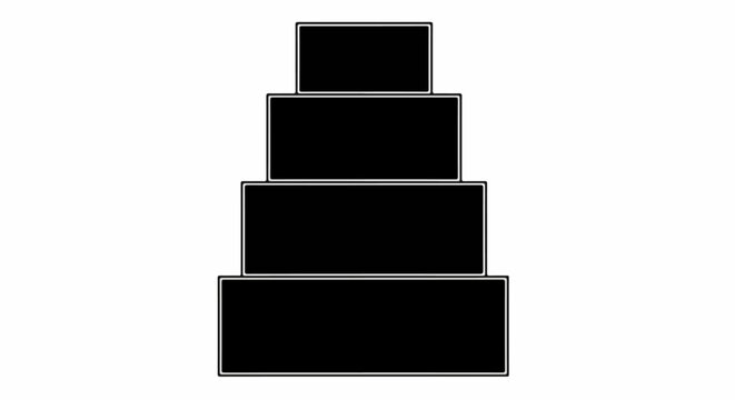 Stylized silhouette of a four-tiered rectangular cake in black and white