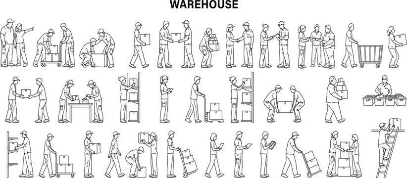 Workers are busy loading and unloading packages in a warehouse facility with shelves and equipment.