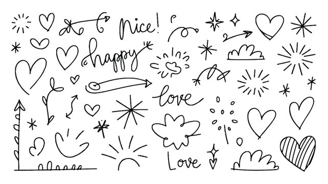Hand drawn doodle love hearts and happy nice words  cute sweet expressions