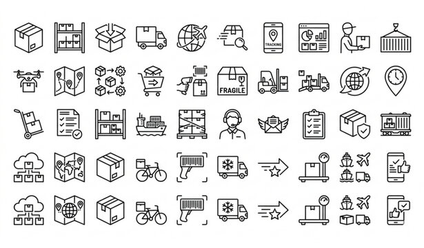 Global Logistics and Smart Delivery Icon Set: Supply Chain, Warehouse, Drone Shipping, Cold Storage, and Inventory Management Line Art.