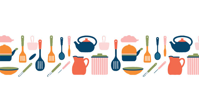 Kitchen utensils and cookware in a colorful flat design style on white background