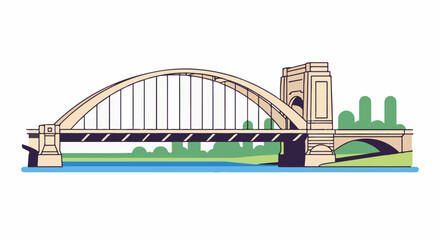 Fototapeta premium Stylized graphic of a beige arch bridge over blue water with green landscape