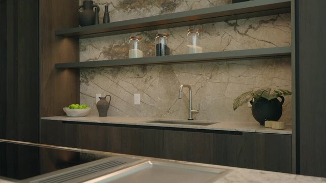 Modern kitchen shows marble backsplash with natural veins, dark shelves holding jars and vases, silver faucet and green plant add soft contrast, space feels clean, elegant