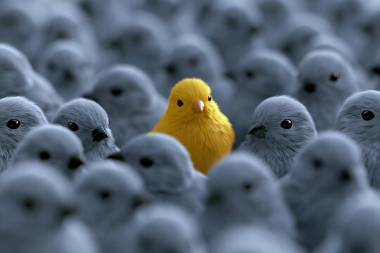 Leadership and individuality concept with one yellow chick standing out from crowd for business strategy, HR branding or marketing message. Unique different bird among group representing diversity