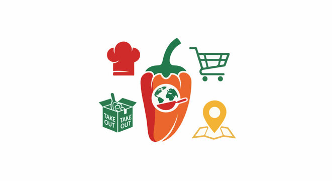 Stylized icons of a chef's hat, a chili pepper with a globe, a shopping cart, a take-out box, and a map pin