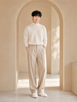 핑크 니트와 화이트 팬츠의 여성 피팅룩 / Female Fitting Look with Pink Knit and White Pants