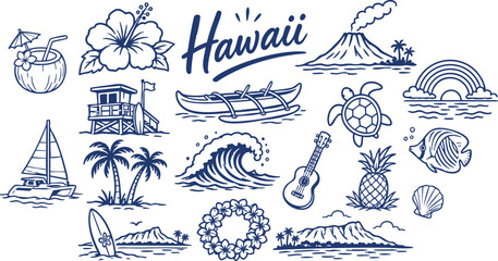 Hawaii Travel Icon Set with Volcano, Hibiscus, Canoe, Sea Turtle, Wave and Tropical Island Elements © Levin