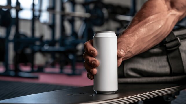An athlete's sweaty hand grabbing a plain white blank energy drink can from a gym bench for product mockup editing.