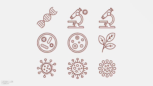 science icons set including DNA microscope petri dish bacteria virus and leaf on light gray