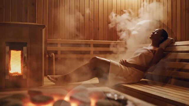 Sesi Relaksasi Sauna Uap. Gambar menampilkan seorang wanita yang sedang menikmati sesi sauna dengan mata terpejam di ruang kayu hangat, sementara tungku berisi batu sauna panas di bagian depan memanca