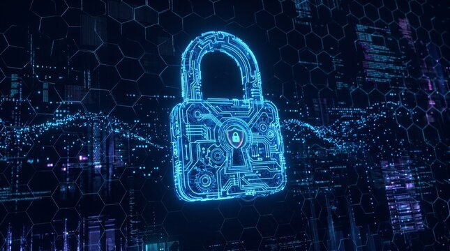 Digital padlock glowing on cybersecurity network background with circuit lines