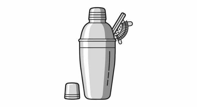 Stylized illustration of a cocktail shaker with a strainer and separate cap