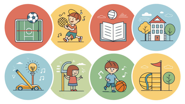 Set of colorful circular icons featuring children engaging in various school and extracurricular activities like sports, music, and learning