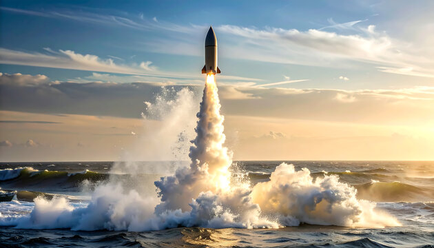 Rocket Launch From Ocean Water With Dramatic Smoke and Waves at Sunset