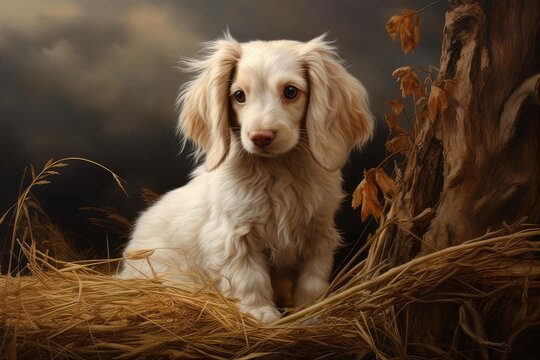Cream long haired dachshund puppy sitting on dried straw next to a tree trunk with autumn leaves