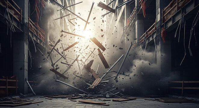 Dramatic construction site collapse showing a severe scaffolding accident with falling debris and thick dust clouds during a major structural failure in an urban area