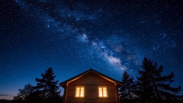 Wooden cabin under starry night sky